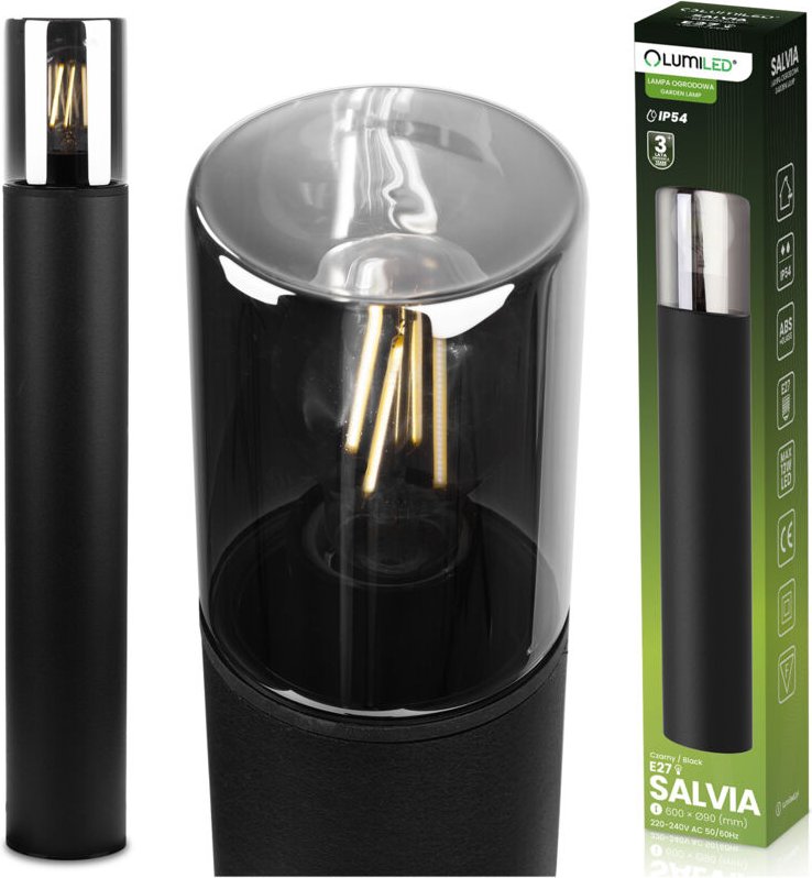 Gartenleuchte, Stehleuchte für E27-Glühbirne, schwarzes Glas, Schutzart IP54, 60 cm, Farbe: Salvia Lumined