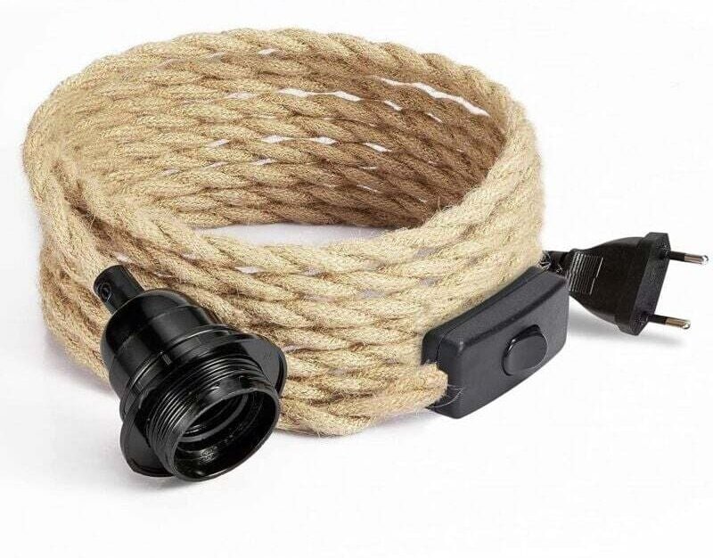 Cavo elettrico in lino a 2 conduttori da 4,5 m con attacco E27 e interruttore per lampada fai da te (senza lampadina)