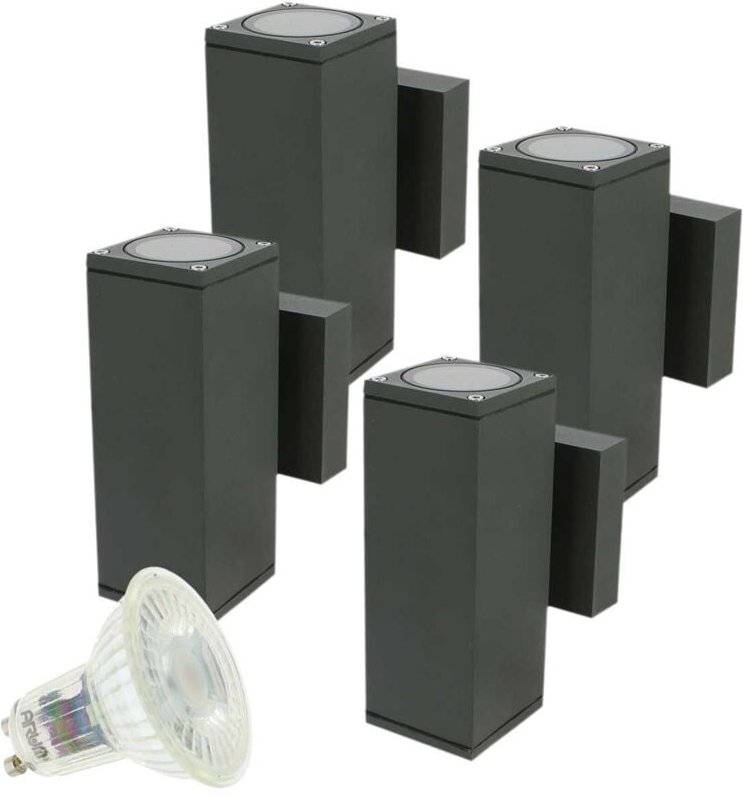 4er Set Wandleuchten VENICE Quadratisch Anthrazitgrau Outdoor Double Beam mit 8 GU10 5W LED Birnen Farbtemperatur: 4000K...