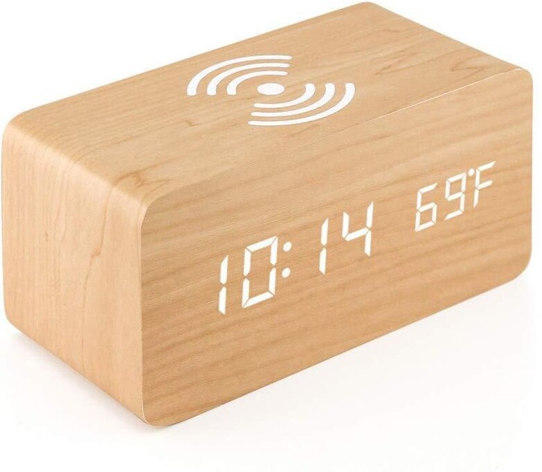 Digitales Thermometer, digitaler Wecker, LED-Wecker aus Holz mit kabelloser Ladefunktion, Wecker aus Holz mit Induktions...
