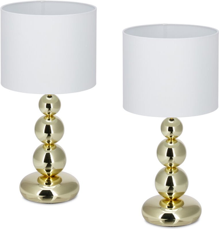 Thumbnail - Tischlampe, 2er Set, Metallfuß & Stoffschirm, E27, HxD: 50 x 25 cm, Nachttischlampe Schlafzimmer, weiß/gold - Relaxdays
