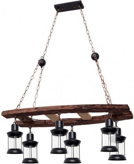 Rustikale Hängelampe > 6 Lichter 6xE27 IP20 60-90x78x40cm schwarz und Holzfarbe