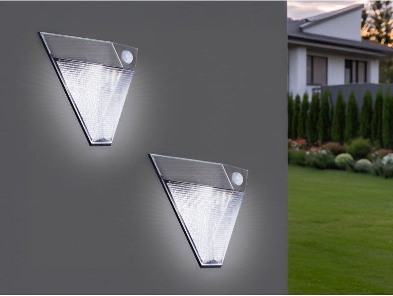 Meinewunschleuchte - 2er Set Dreieckige led Solar Außenleuchte, Bewegungsmelder, Edelstahl, Downlight