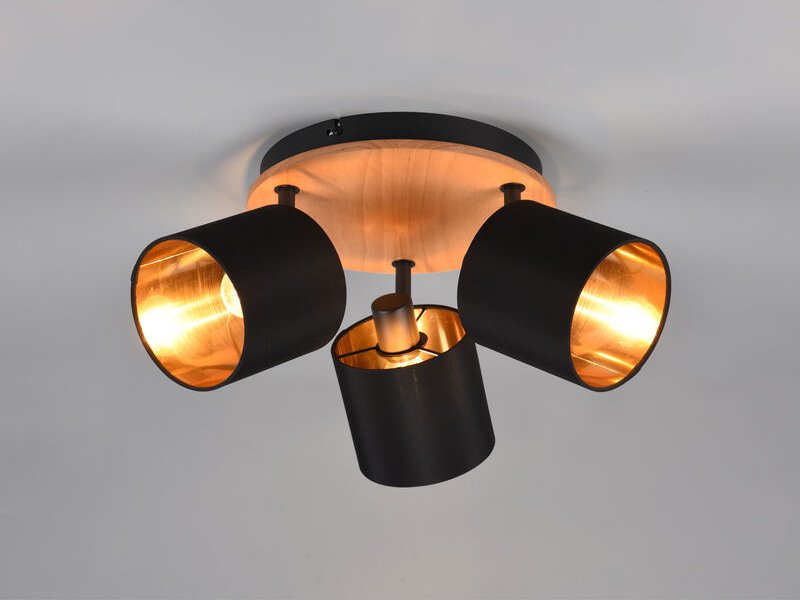 Thumbnail - Trio - Deckenstrahler tommy 3-flammig Holz & Stoffschirme Schwarz Gold, ø 25cm
