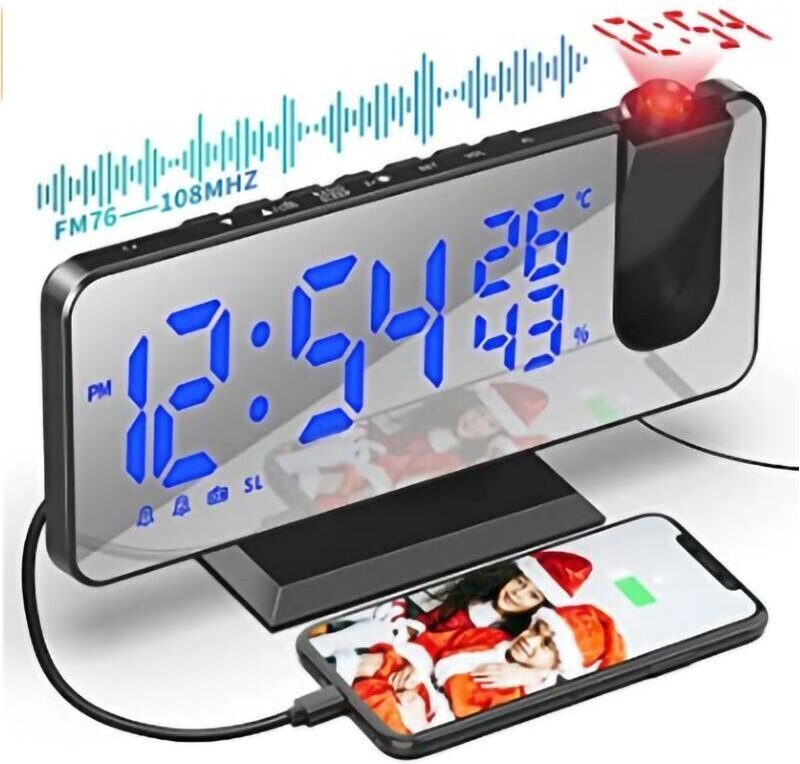 Deckenprojektor-Wecker, Deckenprojektions-Weckerradio, mit 7,5-Zoll-Spiegelbildschirm, Temperatur-USB-Anschluss, Doppelw...