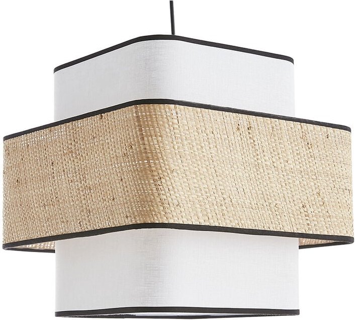 Würfelförmige Pendelleuchte aus weißem Leinen und naturfarbenem Bast L35 cm TERA