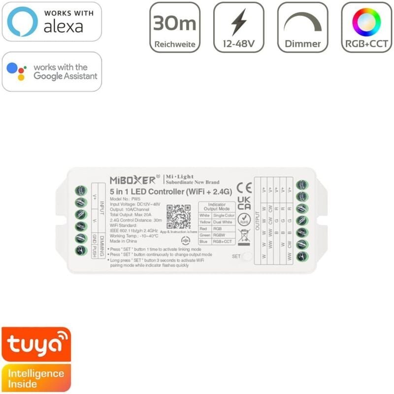 Thumbnail - MiBoxer WIFI LED Controller 5in1 Einfarbig/CCT/RGB/RGBW/RGB+CCT 12/24V max.20A PW5