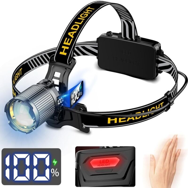 30.000 Lumen wiederaufladbare LED-Stirnlampe – superhelle Stirnlampe mit 3 Beleuchtungsmodi und Bewegungssensor – 90° ve...