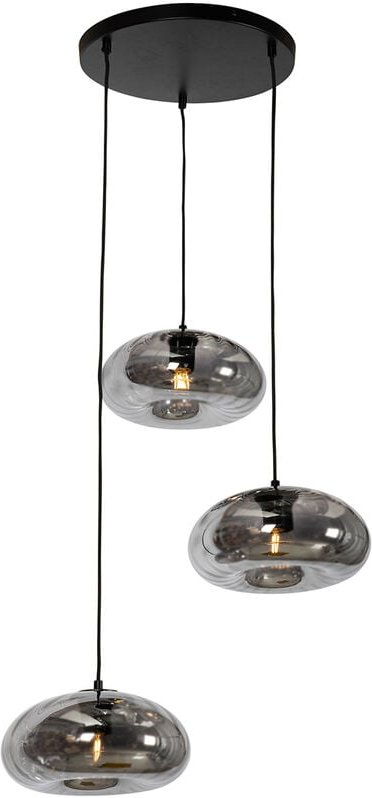 Art-Deco-Hängelampe schwarz mit Rauchglas rund 3-flammig – Ayesha