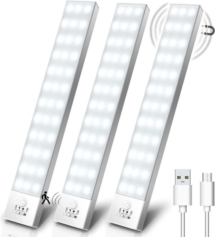 Schranklichter, 3er-Pack, 5000 k, usb, kabellos, LED-Schranklicht, Bewegungsmelder, wiederaufladbare LED-Lampe, eingebau...