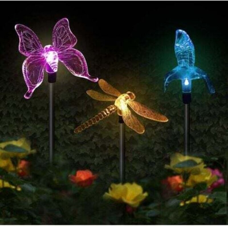 Set mit 3 Solar-Gartenleuchten in Form eines Schmetterlings, Kolibris und einer Libelle solarbetriebene LED mehrfarbig