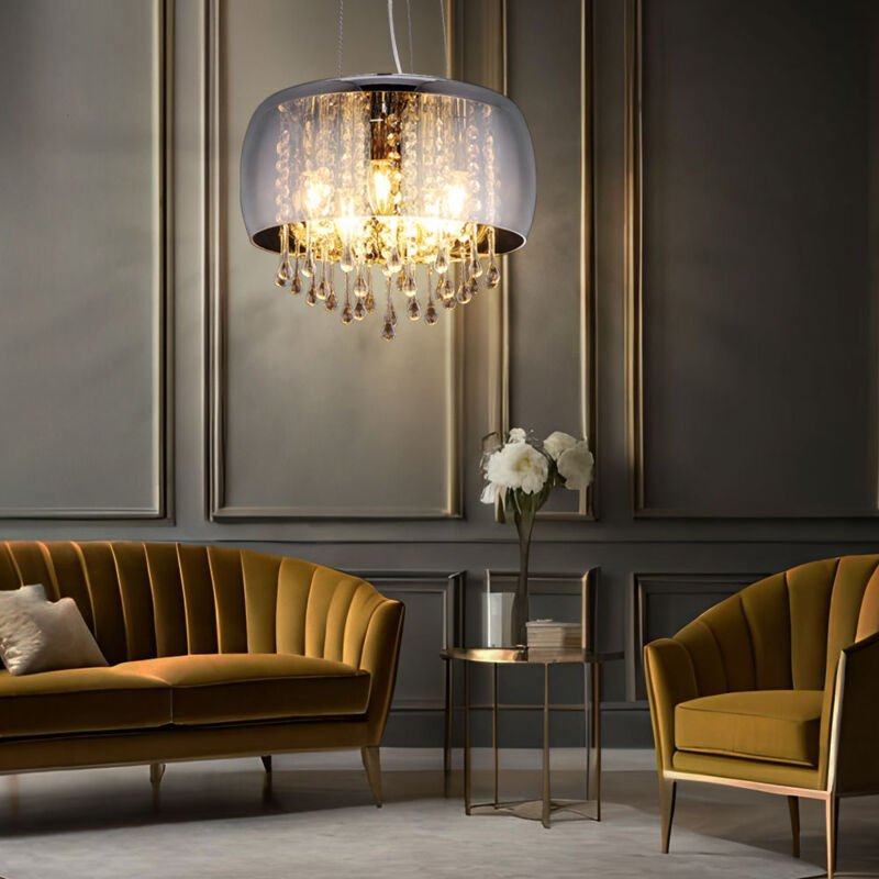 Pendellampe Hängeleuchte Wohnzimmerlampe Deckenlampe Esszimmerlampe, Metall Chrom Glas rauchfarben Kristalle, 5 Flammig ...