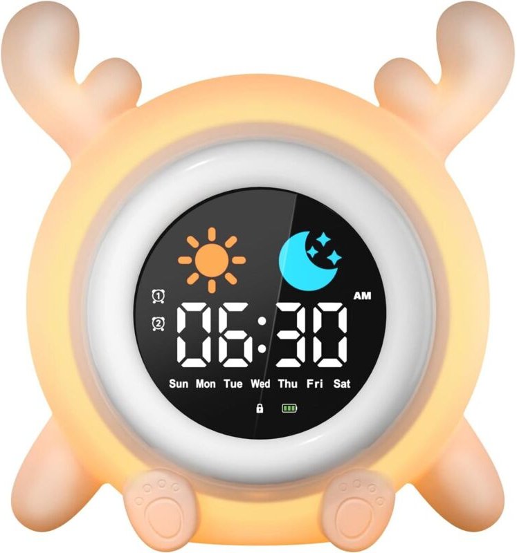 Pädagogischer Tag-/Nachtwecker für Kinder mit 2 Weckzeiten, 3 Weckintervallen, 12-/24-Stunden-Anzeige, 10 Melodien, eins...