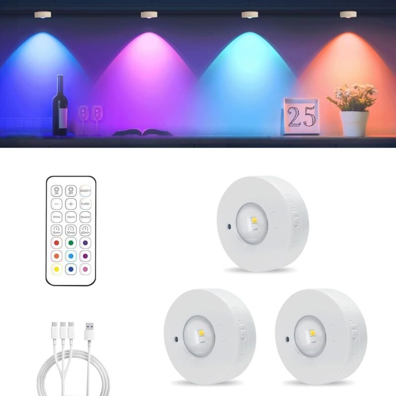 MERTTURM Schrankbeleuchtung, kabellos, wiederaufladbar, magnetische LED, 3 Farbtemperaturen + 9 RGB-LEDs, dimmbare Schra...