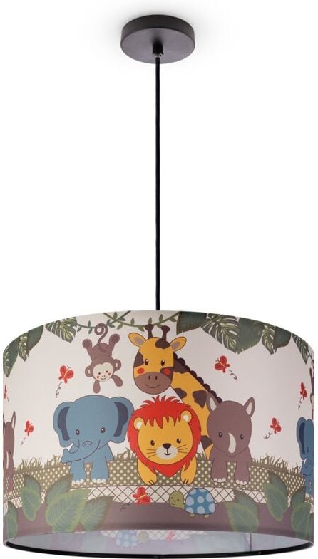 Paco Home Pendelleuchte Kinderzimmer Deckenlampe Stoff Lampenschirm Rund Dschungel Pendelleuchte - Schwarz, Design 1 (Ø4...
