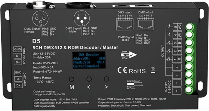 DMX512 Decoder 12-24V DC - 6A/Kanal - 5 Kanäle - OLED Display