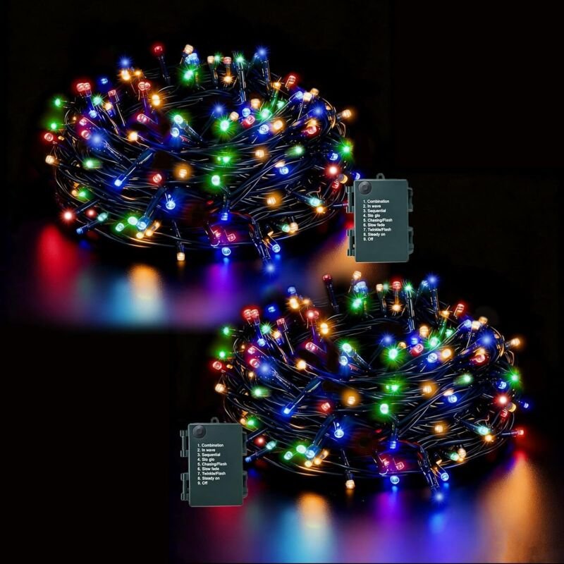 Lichterkette Batterie 10m 100LEDs 2 Stück Bunt, Weihnachtsbaum Lichterkette Außen Batterie Timer & 8 Modi IP44 Wasserdic...