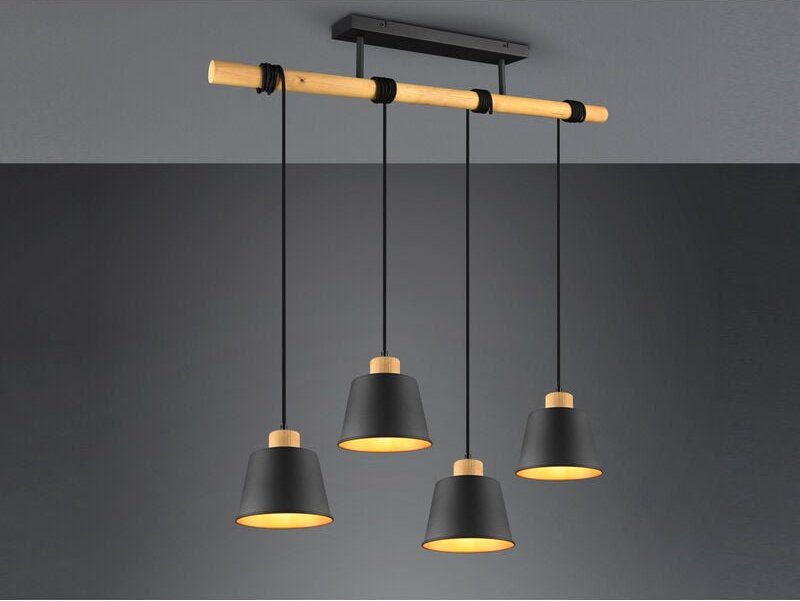 LED Pendelleuchte 4-flammig Schwarz Gold mit Holzbalken, Breite 87cm