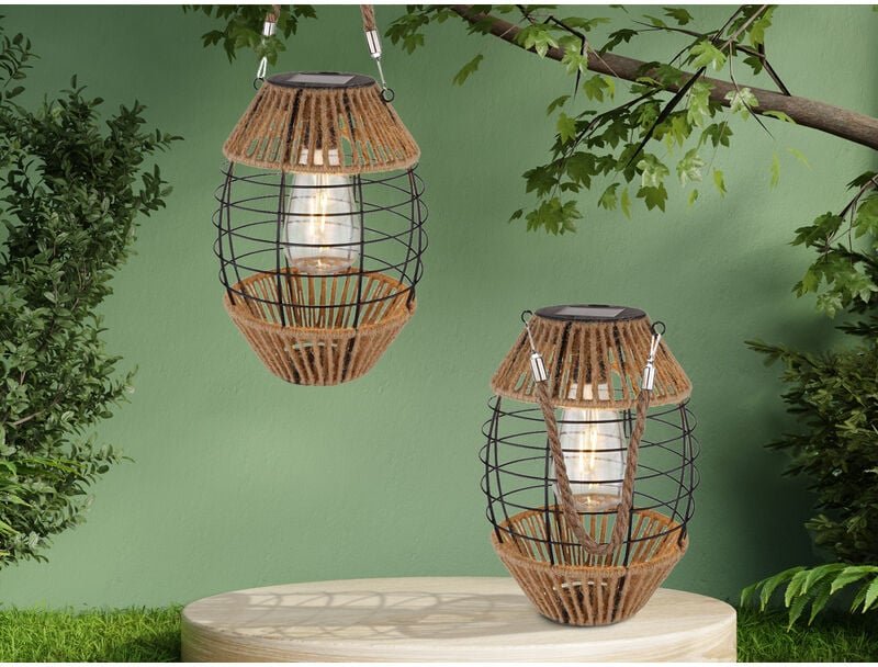Meinewunschleuchte - Solarlaternen 2er set Gitterlampen mit Seil hängend oder stehend, Höhe 40,5cm