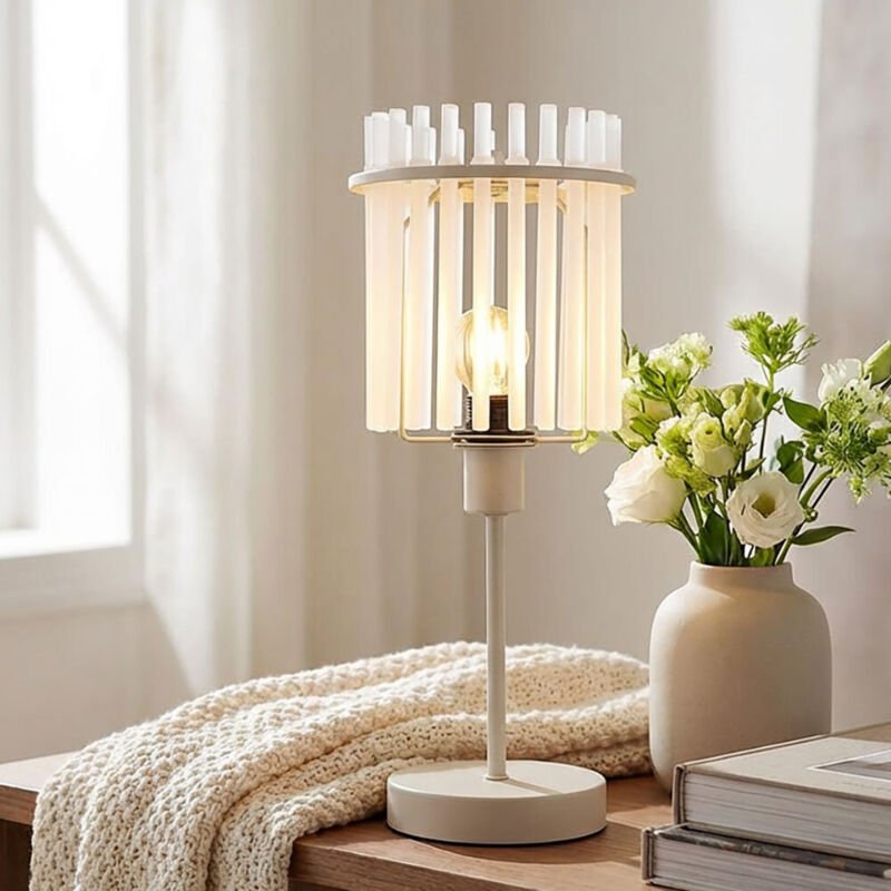 Thumbnail - Tischlampe Tischleuchte Nachttischlampe Glasstäbe Schlafzimmerlampe sandfarben satiniert, 1x E14 Fassung, DxH 15x37,5 cm