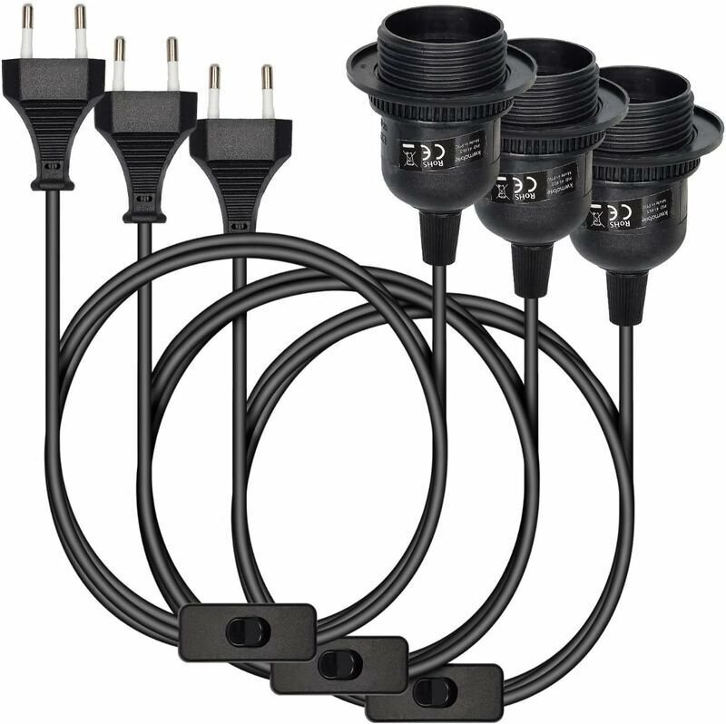 3x Pendelleuchte - Fassung mit Schaltung schwarzes Gehäuse mit 3,5m Kabel Schraubgewindering - E27 Pendellampe - Ymyny