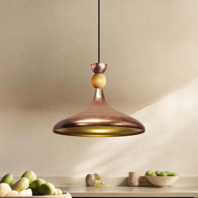 Thumbnail - Schlichte Kupferfarbe Pendelleuchte in Hutform aus Holz – Vintage-Kronleuchter E27 Ø35 cm für Wohnzimmer, Schlafzimmer o...