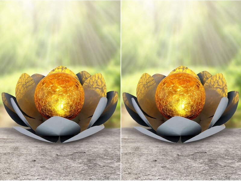 Meinewunschleuchte - 2er Set led Deko Solarleuchten Seerose mit Crackle Glaskugel, Grau Ø25cm