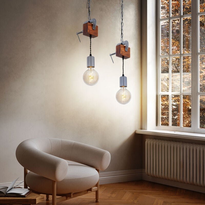 Hängeleuchte Holz Esstischlampe hängend Retro Deckenleuchte Vintage, Schraubzwinge Metall verzinkt, 1x E27 Fassung, LxH ...