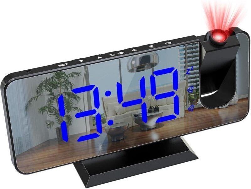 (Blauer Text) Deckenprojektor-Wecker, Deckenprojektions-Radiowecker mit Spiegelbildschirm, Temperaturanzeige, USB-Anschl...
