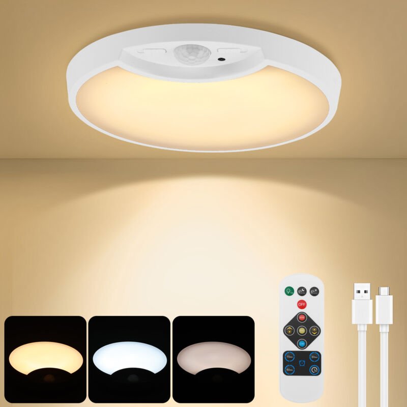 LED-Deckenleuchte mit Bewegungsmelder, drahtlose LED-Deckenleuchte mit Fernbedienung, 8000mAh wiederaufladbare Deckenleu...