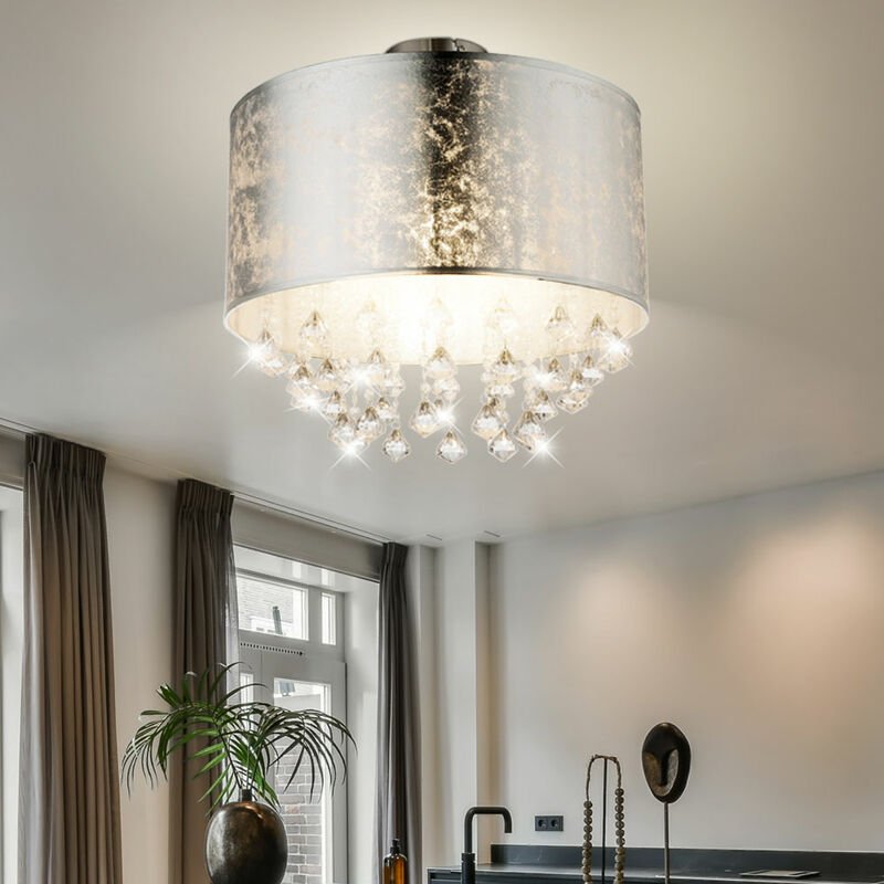 Deckenleuchte Kristallbehang Kristallleuchte Esszimmer Deckenlampe Kristalle, Blattsilber, Metall, 1x E27, DxH 30x31 cm
