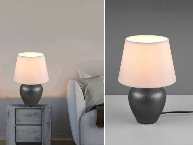 Keramik Tischleuchte ABBY Silber antik Stoffschirm Weiß, Höhe 26cm