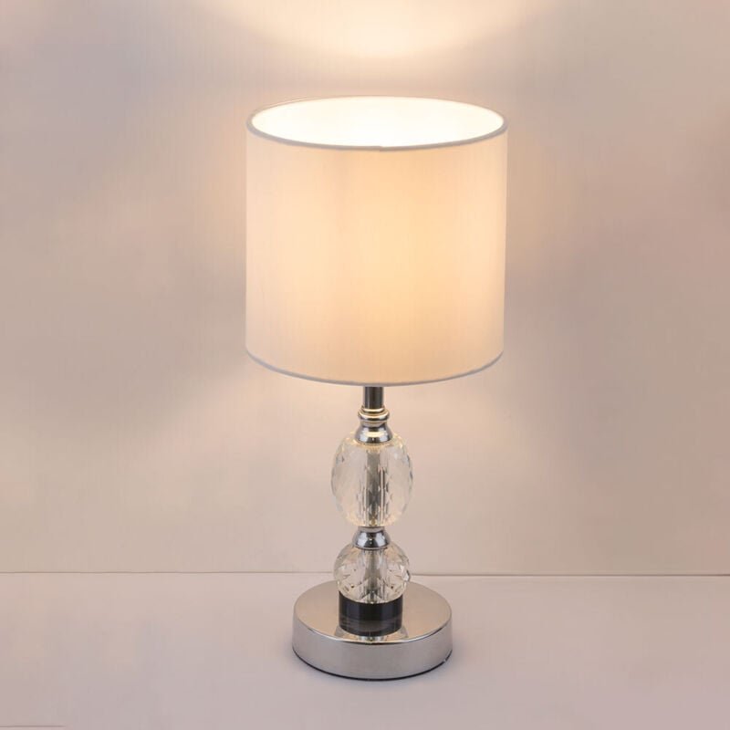 Tischleuchte Nachttischlampe Kristallglas Glasfuss Tischlampe Wohnzimmer, Textil weiß, 1x E14, DxH 21x47 cm