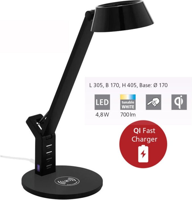 Thumbnail - Eglo - Banderalo Schwarze Schreibtischlampe mit Touch-Dimmer und LED-Qi-Ladegerät