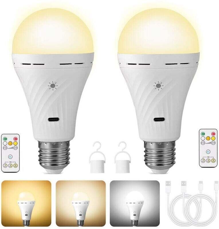 Wiederaufladbare USB-Glühbirne mit Fernbedienung, 2200-mAh-Akku, 3-stufigem Dimmer und Timer, E27-Sockel, drei Farbtempe...