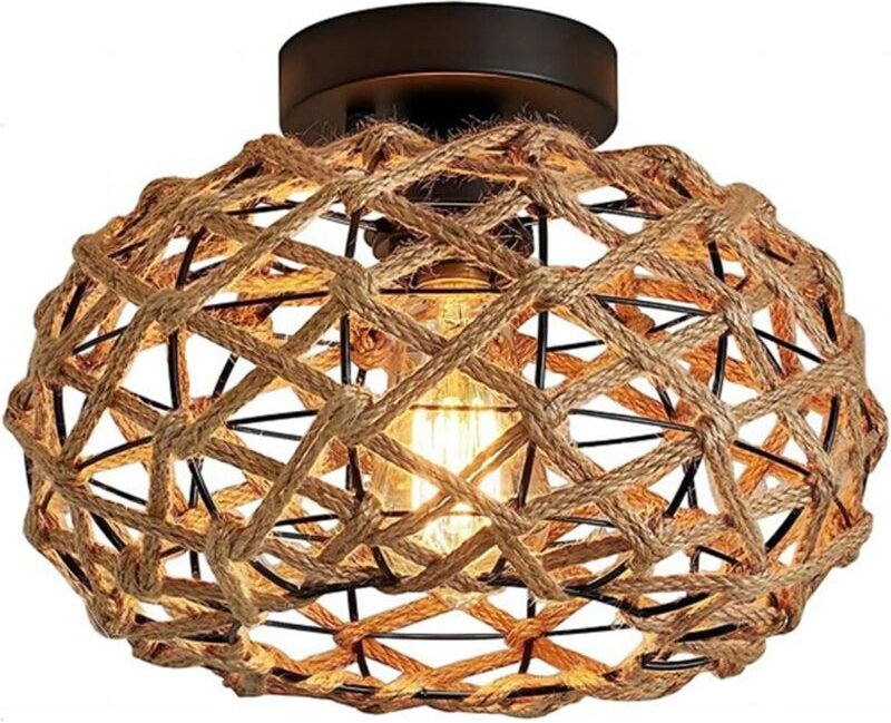 Thumbnail - Vintage-Industrie-Deckenleuchte E27, 25 cm Durchmesser, Retro-Lampe, Lampenschirm aus Metallkäfig und Hanfseil, ideale L...