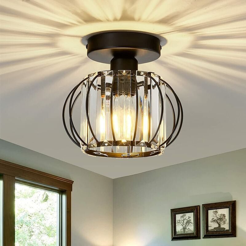 Moderner schwarzer Kristall-Kronleuchter, Mini-Deckenleuchte aus Metall mit halbbündiger Montage, Flur, Küche, Schlafzim...