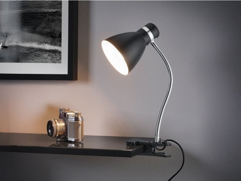 Reality Leuchten - Klemmleuchte harvey flexibel, Chrom & Metallschirm Schwarz, 36cm