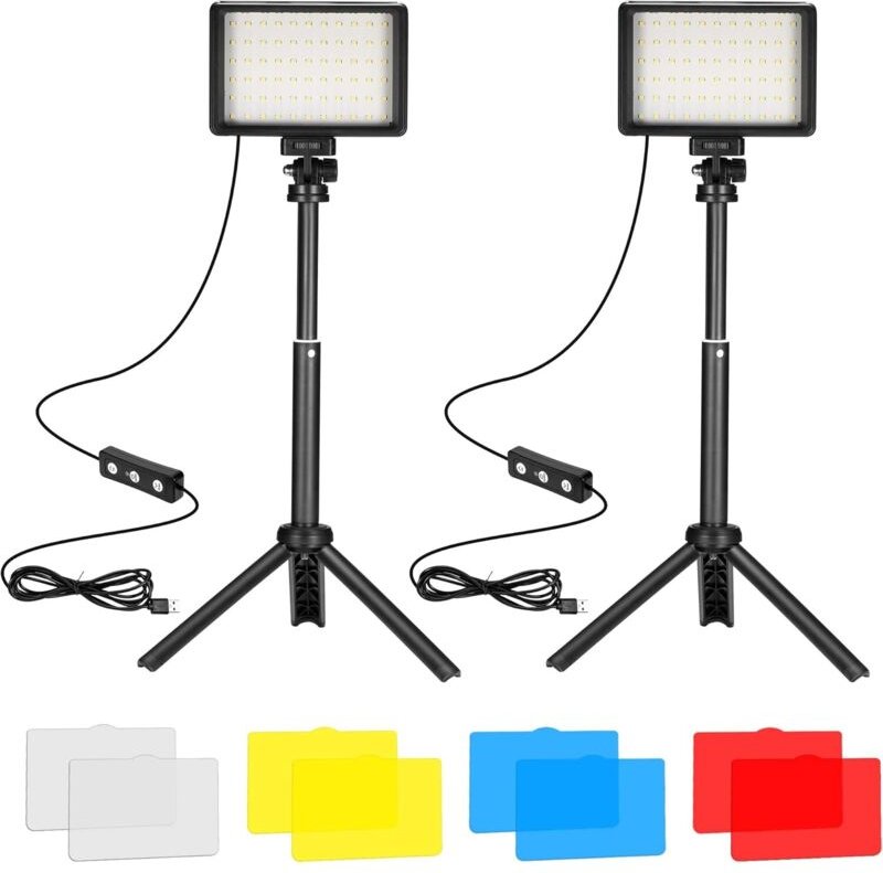 LED-Videoleuchten, 2er-Pack, dimmbares 5600K-USB-LED-Videopanel mit Mini-Stativ und Farbfiltern für Fotografie, Aufnahme...