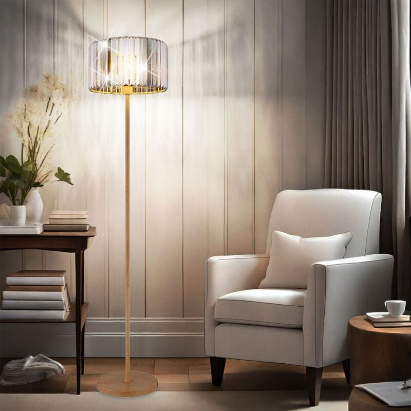 Stehlampe Holzoptik Stehleuchte Kristalle Wohnzimmerlampe Beistelllampe, Metall, E27 Fassung, DxH 35x150 cm