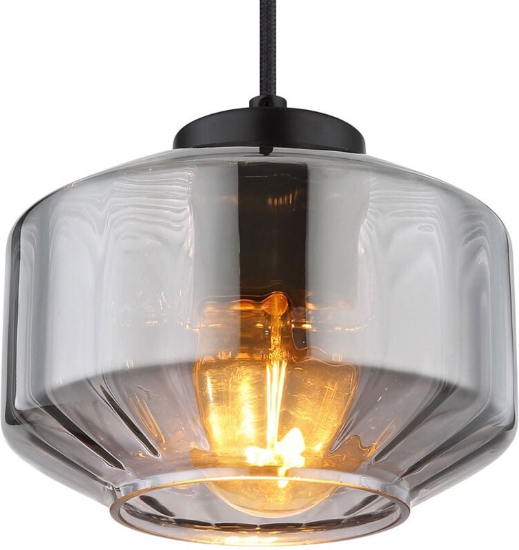 Hängelampe Pendelleuchte Esszimmerlampe, Modernes Pendel mit Glasschirm rauchfarben, Bauchig, Metall, schwarz matt, 1x E...