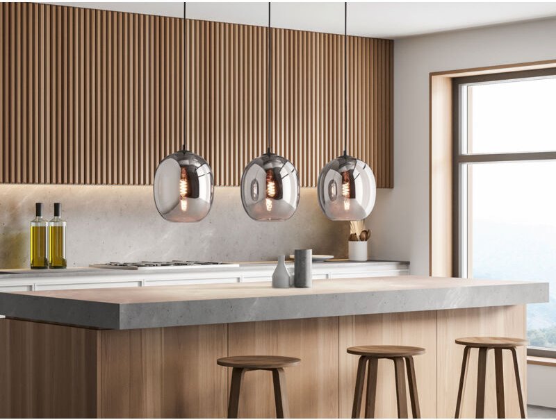 Pendelleuchte NAYLA Industrial 3 flammig mit Rauchglas Glaskugeln - Länge 95cm