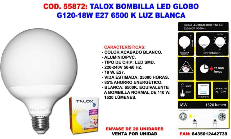 Talox LED-Globelampe G120 E27 18W 6500K weißes Licht