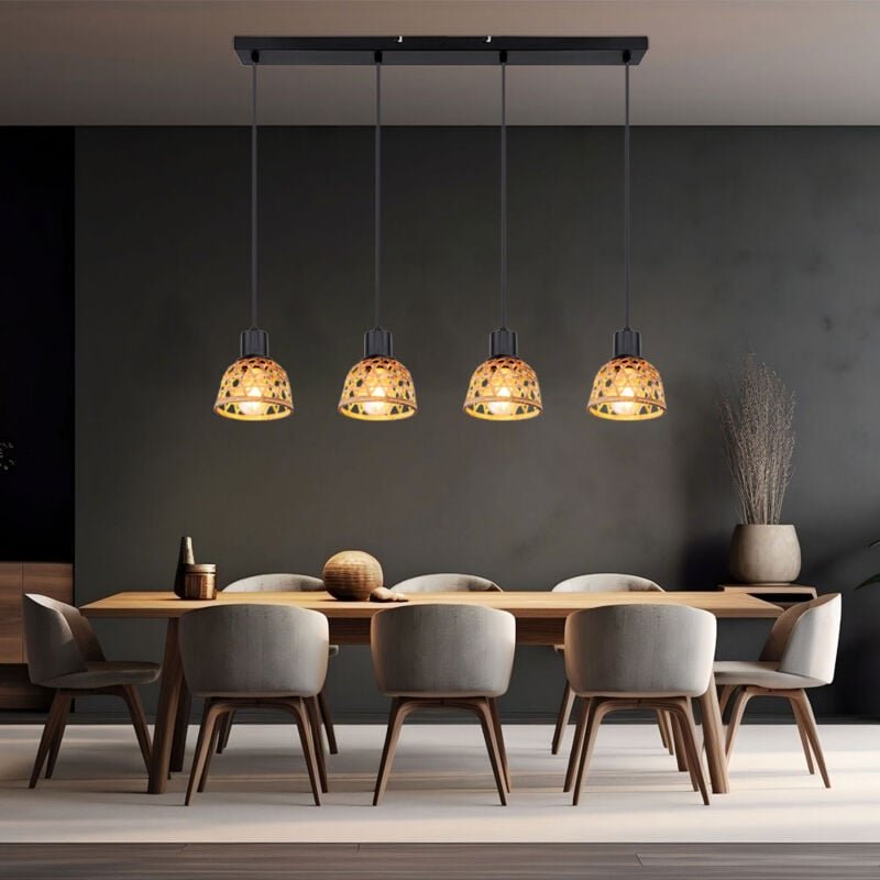 Hängelampe Hängeleuchte Esszimmer Bambusgeflecht aus Holz 4 flammig, Metall schwarz, 4x E27 Fassungen, LxBxH 72x13x120 c...