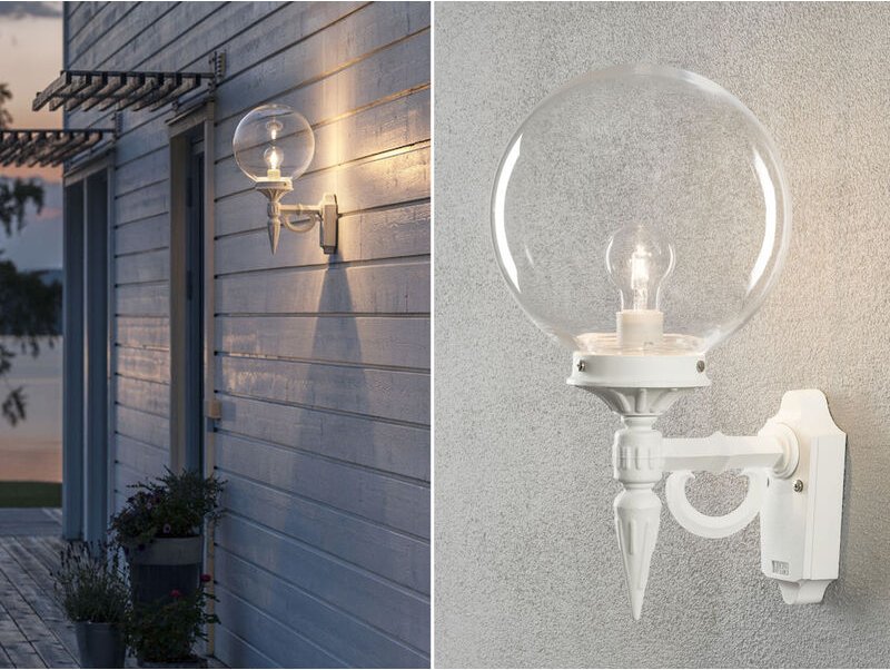 Meinewunschleuchte - led Außenwandleuchte Aluminium Weiß mit Glaskugel, Höhe 44cm