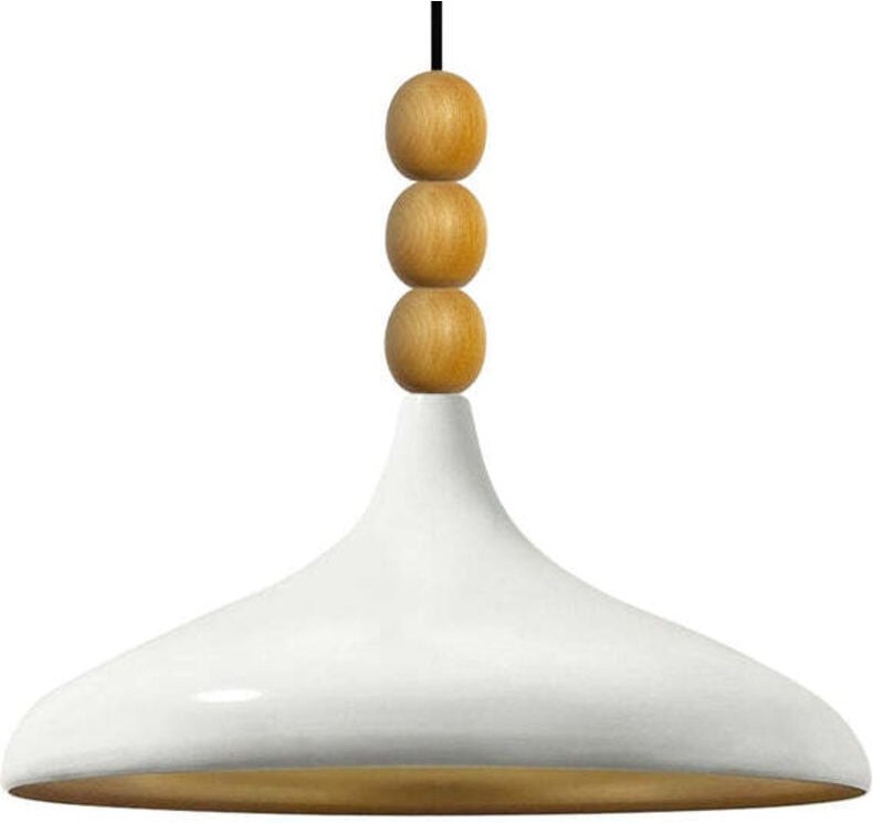 Schlichte Weiß Pendelleuchte mit Drei Perlen und Holzkopf – Vintage-Kronleuchter E27 Ø35 cm für Wohnzimmer, Schlafzimmer...