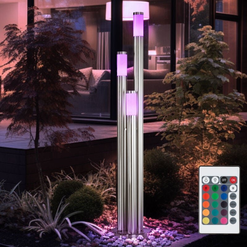 Wegeleuchte dimmbar mit Fernbedienung Außen Edelstahl led Stehleuchte Außen groß, rgb Farbwechsel 3 silberne Säulen,3x 9...