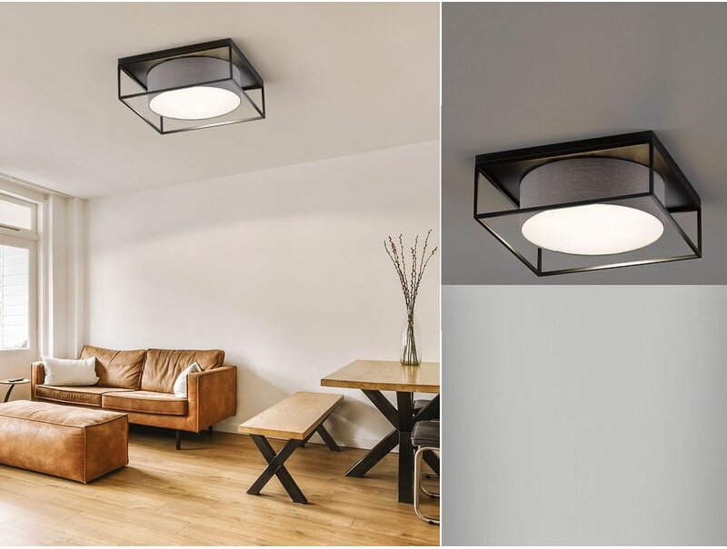 Led Deckenleuchte eckig groß mit Leinen Stoffschirm Grau, Quadrat 50cm