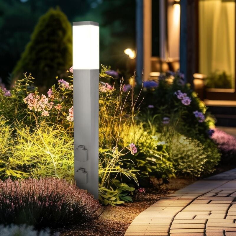 Pollerleuchte 80cm mit 2x Steckdosen E27 Fassung IP44 - Farbe: Edelstahl - Leuchtmittel: Ohne