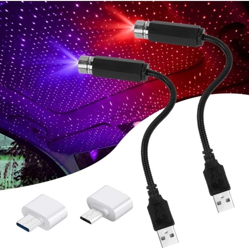 LED-Stimmungslicht, 2 USB-Sternenhimmel-Dachprojektoren, einstellbares Rot mit mehreren Modi, romantisches USB-Autolicht...